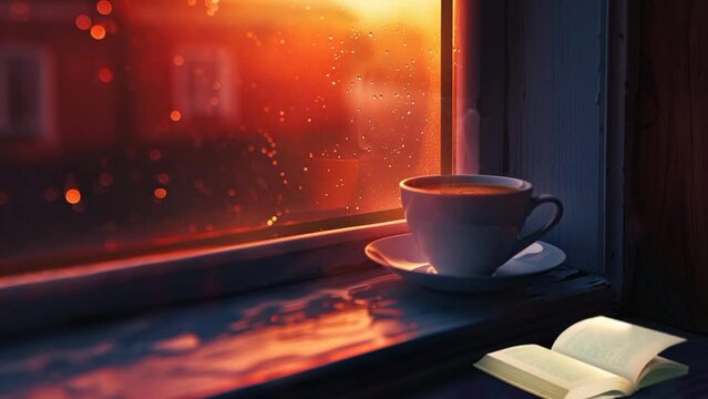 Accompanied by the dancing raindrops outside, a cup of coffee provides a pleasant warmth while allowing the mind to drift in self-reflection. seamless looping time-lapse animation video background