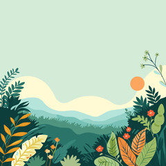Vector illustration in trendy flat simple style - spring and summer background with copy space for text - landscape with plants, leaves, flowers