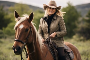 Beautiful woman wearing cowboy hat and riding a horse in the mountains - obrazy, fototapety, plakaty