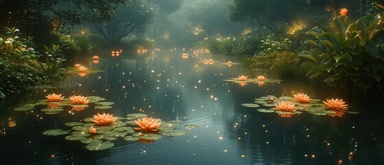 a many water lillies floating in a pond of water