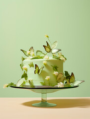 Light green Cake on a stand with butterflies and flowers on a light green background