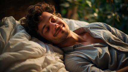 una imagen que representa una vista desde arriba, en ángulo alto, de un hombre joven con una sonrisa positiva y feliz tumbado en la cama. - obrazy, fototapety, plakaty