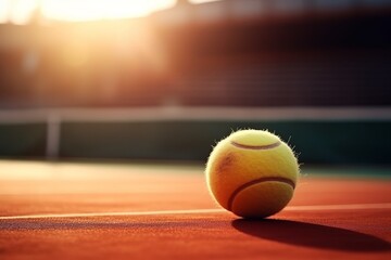 Bright green tennis ball on sunlit court with copy space, outdoor sports and recreation concept