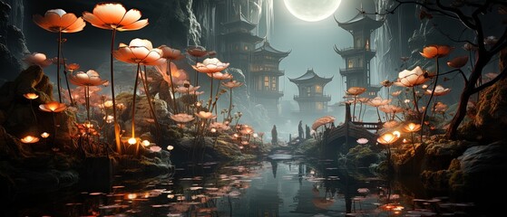 Obraz premium a picture of a fantasy scene with a river and lanterns
