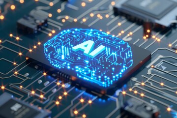 AI Brain Chip tomorrow breakthroughs. Artificial Intelligence pattern recognition mind informatics training axon. Semiconductor energy psychology circuit board visionary - obrazy, fototapety, plakaty
