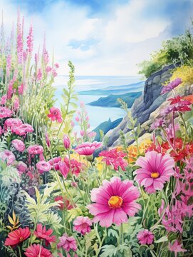 Vibrant Watercolor Landscape Art: Scenic Vista Wall Florals Collection