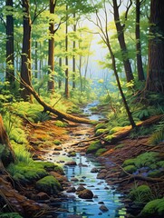 Fototapeta premium Tranquil Forest Stream Pathways Coastal Art Print: Where Stream Meets Ocean and Forest Beach