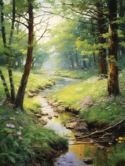 Fototapeta premium Tranquil Forest Stream Pathways: Rustic Country Landscape Painting of Rural Woods