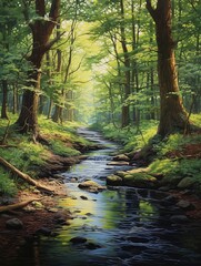 Obraz premium Tranquil Forest Stream Pathways: Country Landscape Painting of Rural Forest Stream in Pastoral Woods