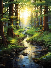 Sunlit Tranquil Forest Pathways: Golden Hour Art of Glistening Stream