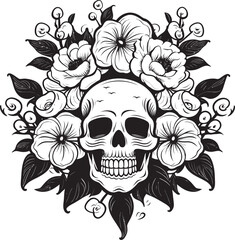 Floral Intricacies Thick Lineart Skulls Amidst Flowers