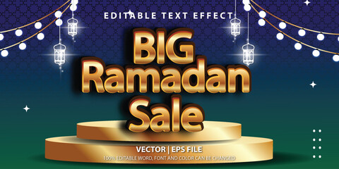 Editable text effect Ramadhan Sale gold effect with gold podium for products and lamp decoration. good for headlines, logos, or advertising banners during the month of Ramadan Mubarak and Eid al-Fitr