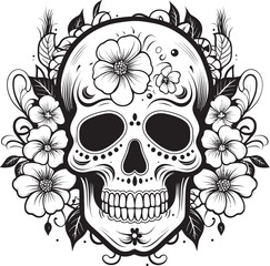 Botanical Bones Thick Lineart Flowers Intertwined with Skulls