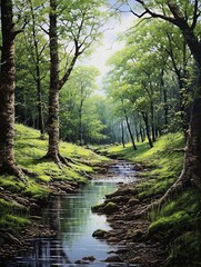 Obraz premium Riverside Tranquility: Painting of Forest Bank, Streamside Trees Pathways