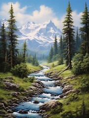 Obraz premium Snow-capped Alpine Peaks: Tranquil Forest Stream Pathways Print