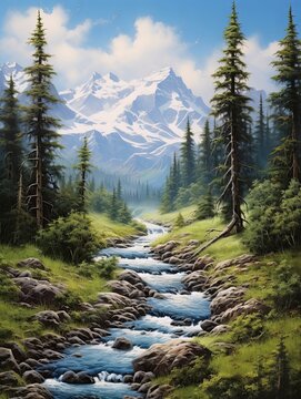 Snow-capped Alpine Peaks: Tranquil Forest Stream Pathways Print