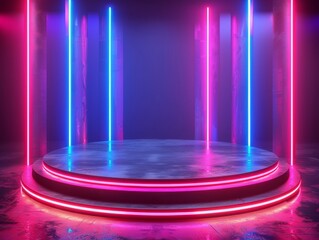 Abstract neon podium, futuristic shapes, glowing lines