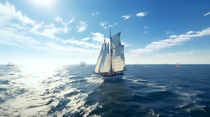 Regatta of Sailing Ships with White Sails on the Sea - obrazy, fototapety, plakaty