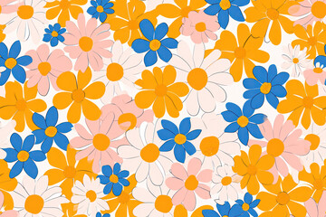 Colorful Floral Meadow: A Bright and Cheerful Pattern of Small Blue and Yellow Daisies on a Retro Orange Background, Perfect for a Seamless Summer Wallpaper Design