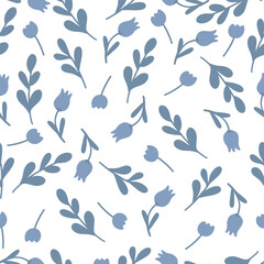 Flowers and brunches blue bells flat design seamless pattern