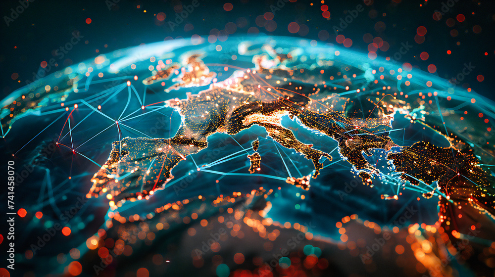 Poster a global view highlighting the interconnectedness of our world, where lights and technology map out 