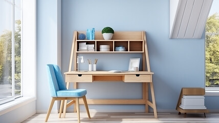 home interior, workplace for study, desk in light blue design tones
