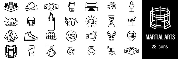 Martial Arts Web Icons. Boxing, MMA, Fight Club, Boxer Ring, Championship Belt. Vector in Line Style Icons