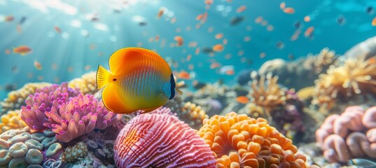 Colorful butterflyfish swimming among vibrant corals in a saltwater aquarium environment