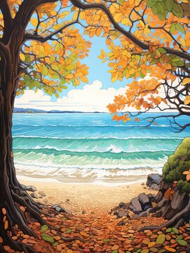 Seafront Symphony: Vibrant Autumn Leaf Canopies Beach Scene Painting