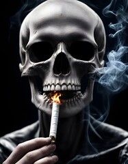 An obscured figure with skeletal features, holding a lit cigarette, creating a moody atmosphere. AI Generated
