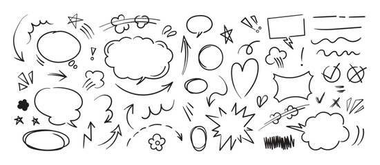 Set of cute pen line doodle element vector. Hand drawn doodle style collection of speech bubble, arrow, firework, star, heart. Design for decoration, sticker, idol poster, social media.