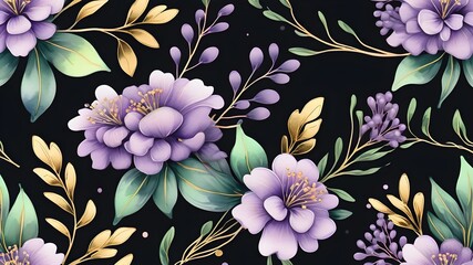 seamless  floral pattern on black background ,purple and golden  theme, black backgroud 