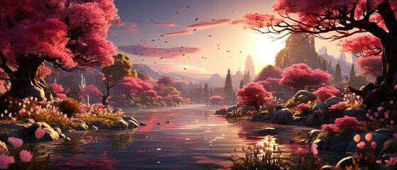 a painting of a river with pink flowers in the middle