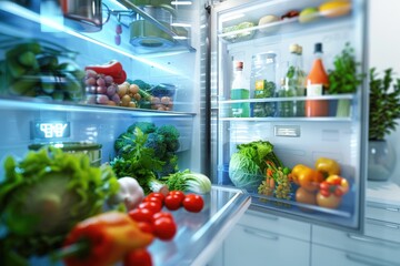 refrigerator shelves with a variety of healthy, natural food.
