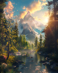 Poster design, summer feeling with beautiful mountain trees and alpine nature in divine sun rays - obrazy, fototapety, plakaty