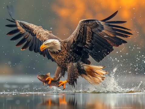 A sea eagle (Haliaeetus albicilla) catches a fish from a body of water, ai generated