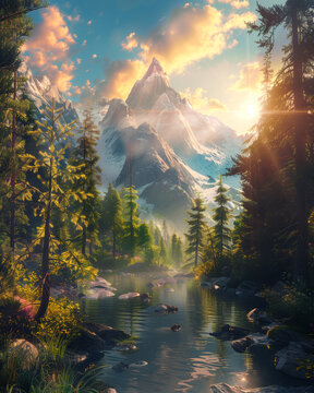 Poster design, summer feeling with beautiful mountain trees and alpine nature in divine sun rays