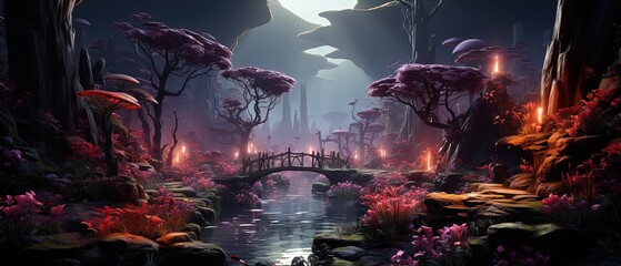 a small bridge crossing a stream in a fantasy forest