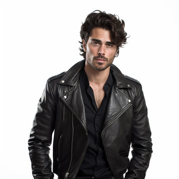 Portrait of a young handsome man in black leather jacket isolated on white background