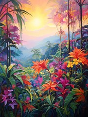 Fototapeta na wymiar Vibrant Tropical Jungle Mystery: Impressionist Abstract Landscape Scenes
