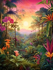 Fototapeta na wymiar Vibrant Tropical Jungle Oasis: Contemporary Meadow Painting Landscape