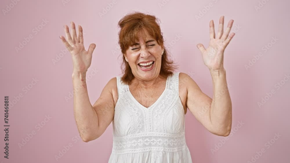 Canvas Prints Crazy-fun middle age woman, winner of achievements, celebrating her mad win with arms raised in excitement, wearing a dress, standing over an isolated pink background.