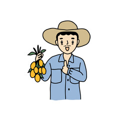 A man gardener holding Marian Plum, Mayong Chid fruit, hand drawn style vector illustration.
