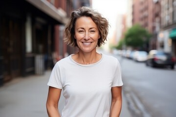 Portrait of a beautiful middle aged woman smiling at the camera in the city