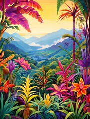 Fototapeta na wymiar Vibrant Tropical Jungle Mountain Landscape Art Print - Coastal Scene with Jungle Hills