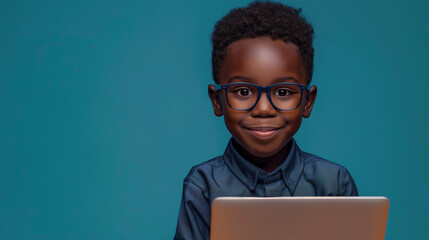 A young boy wearing glasses with laptop screen, engaged in online learning or educational lessons. He appears attentive and immersed in the digital educational content displayed on the laptop
