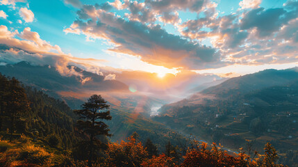 A Himalayan valley view during daylight. - obrazy, fototapety, plakaty