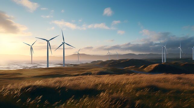 Windmill Park in the Ocean - Aerial View with Wind Turbines