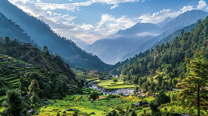A Himalayan valley view during daylight. - Powered by Adobe