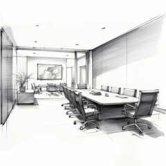 Fototapeta na wymiar A black and white drawing of a conference room with a long table and chairs